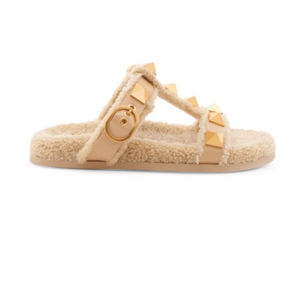 NIB Valentino Garavani Roman Stud Faux Shearling Slide Sandal Slippers Beige 5.5 - Picture 4 of 7